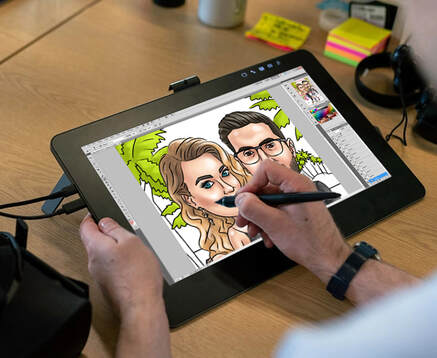 Black and white caricature sketch sent for approval