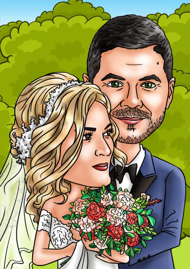 Wedding caricature portrait of a bride with a bouquet and the groom in a blue suit
