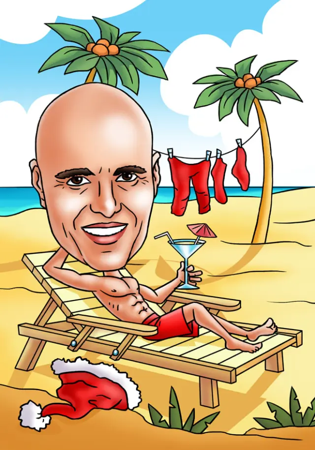 Christmas caricature of a man relaxing on a beach lounger with a cocktail while his Santa suit dries on the line