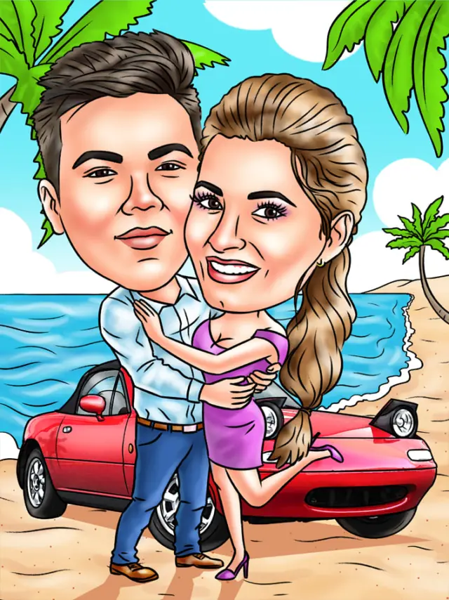 Couple caricature hugging on a palm beach in front of their red convertible