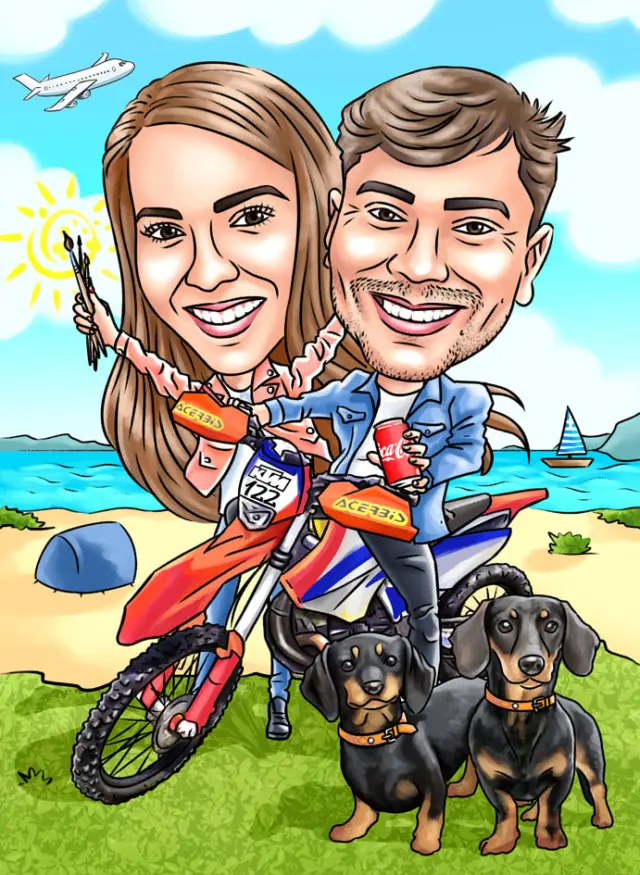 Couple caricature on a KTM dirt bike at the beach with their two dachshunds, her paintbrushes and his can of Coke