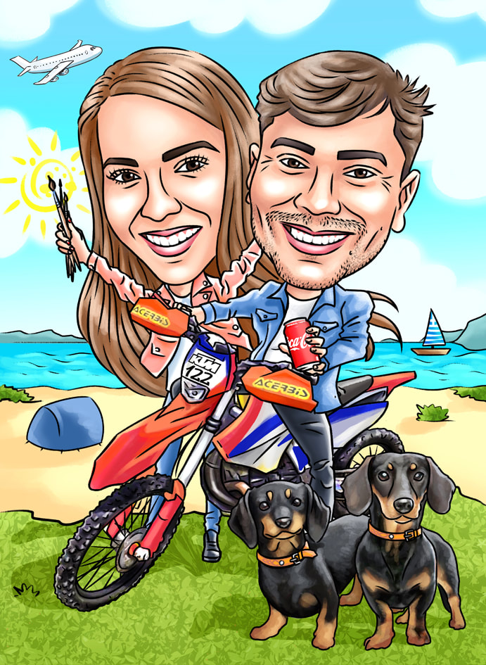 Couple caricature on a KTM dirt bike at the beach with their two dachshunds, her paintbrushes and his can of Coke
