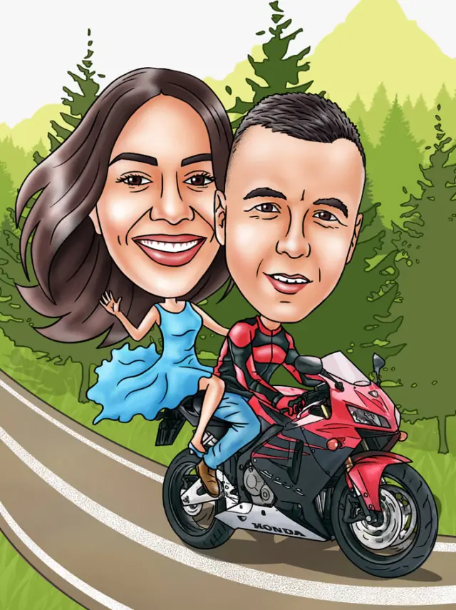 Anniversary caricature of a couple riding a red Honda sport bike along a mountain road