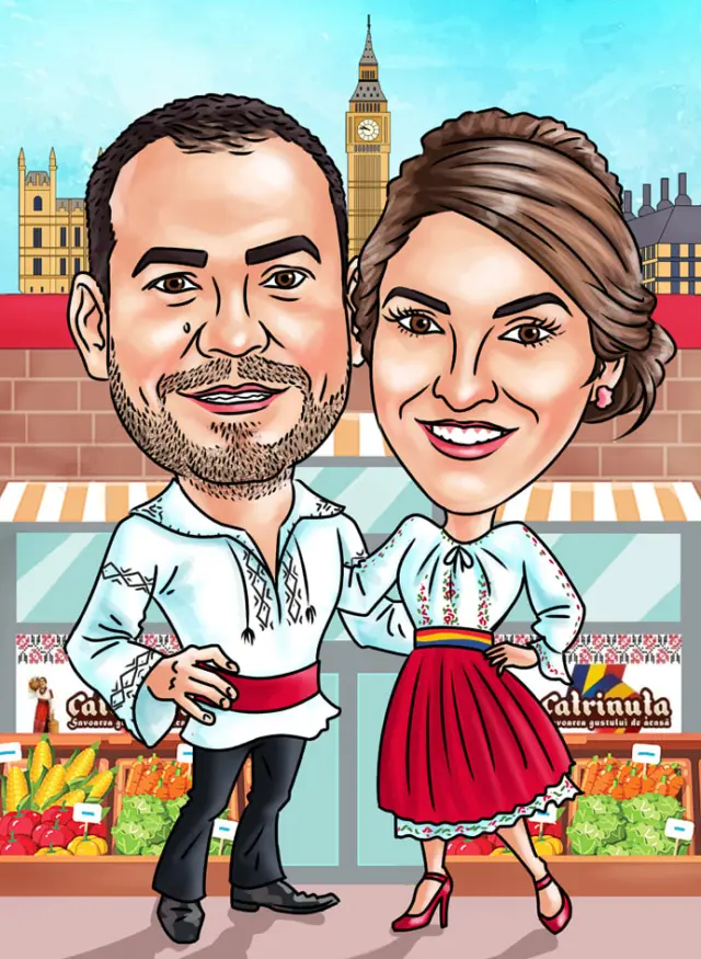 Couple caricature in traditional Romanian costumes in front of their grocery shop in London with Big Ben behind