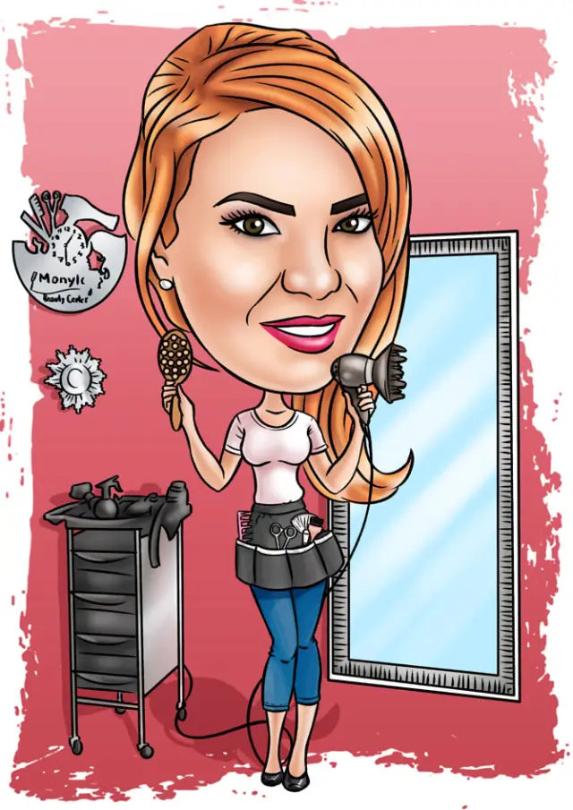 Caricature of a hairdresser in her beauty salon holding a brush and a hairdryer