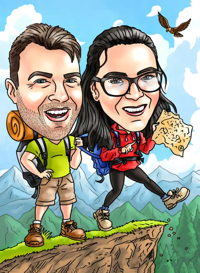Couple caricature hiking on a mountain cliff with backpacks, a treasure map and an eagle overhead