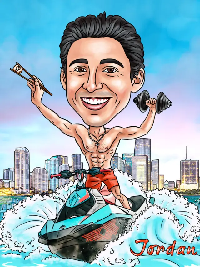 Birthday caricature of Jordan riding a jet ski with sushi chopsticks and a dumbbell in front of a city skyline