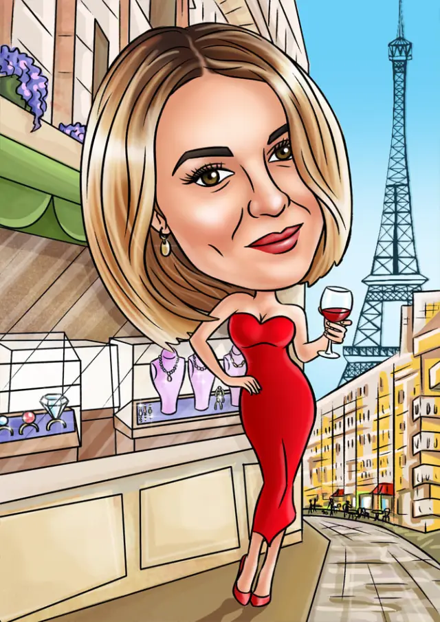 Birthday caricature of a woman in a red dress with a glass of wine outside a jewellery shop near the Eiffel Tower