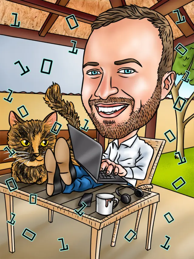 Caricature of a man working on his laptop with his feet on the desk and his cat beside him, surrounded by binary code