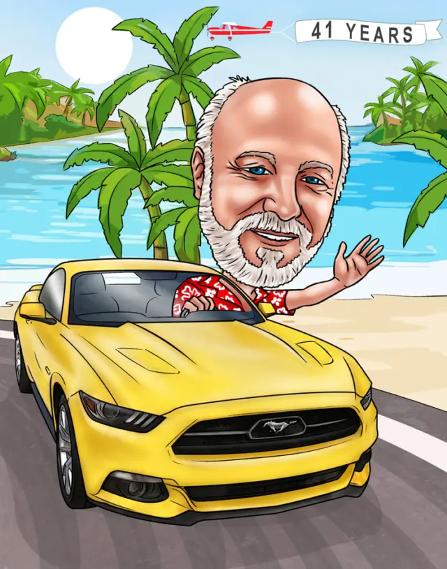 Retirement caricature of a smiling man driving a yellow Mustang to a tropical beach under a 41 years banner