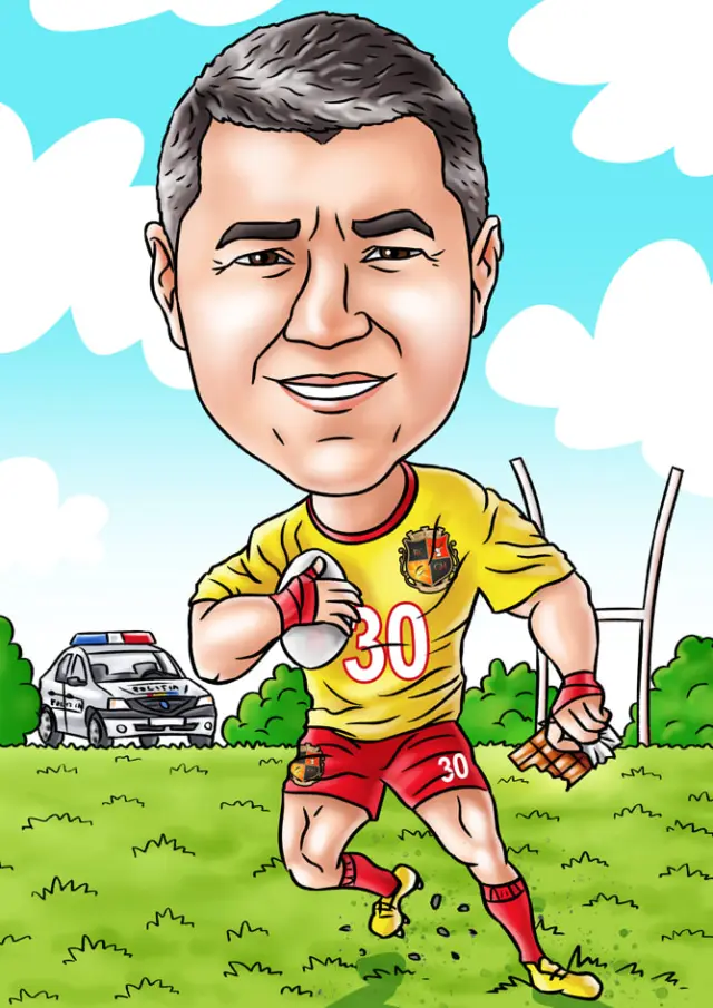 Caricature of a rugby player in a yellow number 30 shirt running with the ball and a chocolate bar