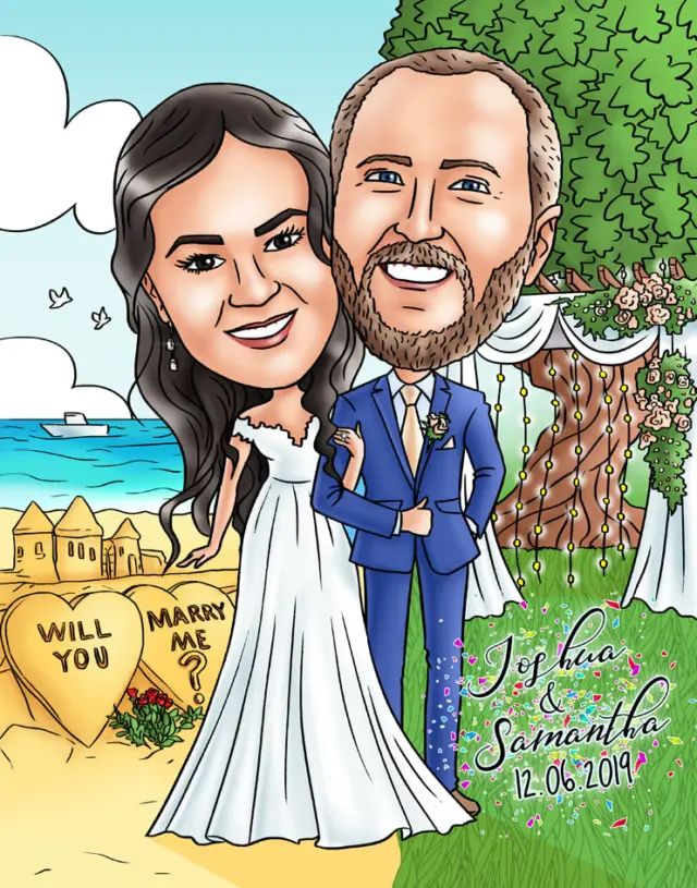 Hand-drawn wedding caricature of Joshua and Samantha with the beach where he proposed and their wedding date